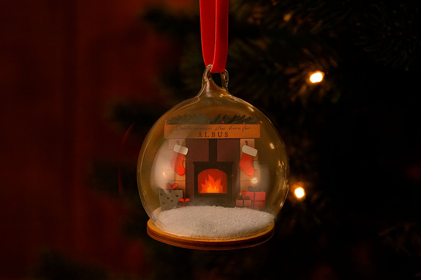 Personalised Fireplace Christmas Bauble | Santa Please Stop Here For 'Child's Name' | Christmas Keepsake | Glass Tree Decoration Ornament