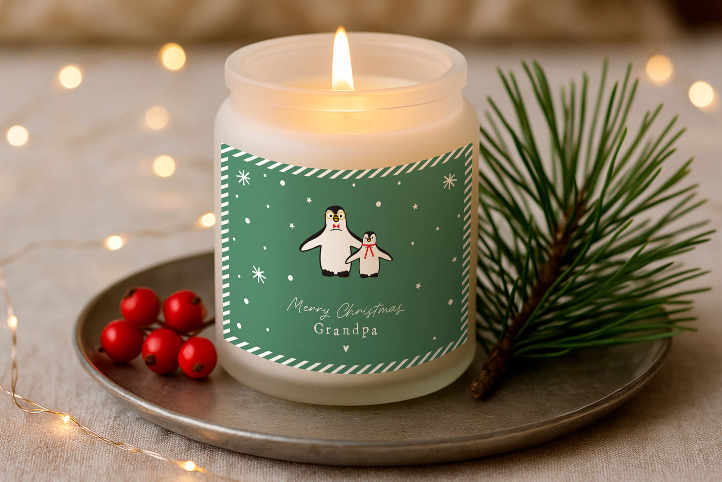 Gingerbread Scented Christmas Candle | 'Merry Christmas Grandpa' | Penguins | Seasonal Winter Home Décor