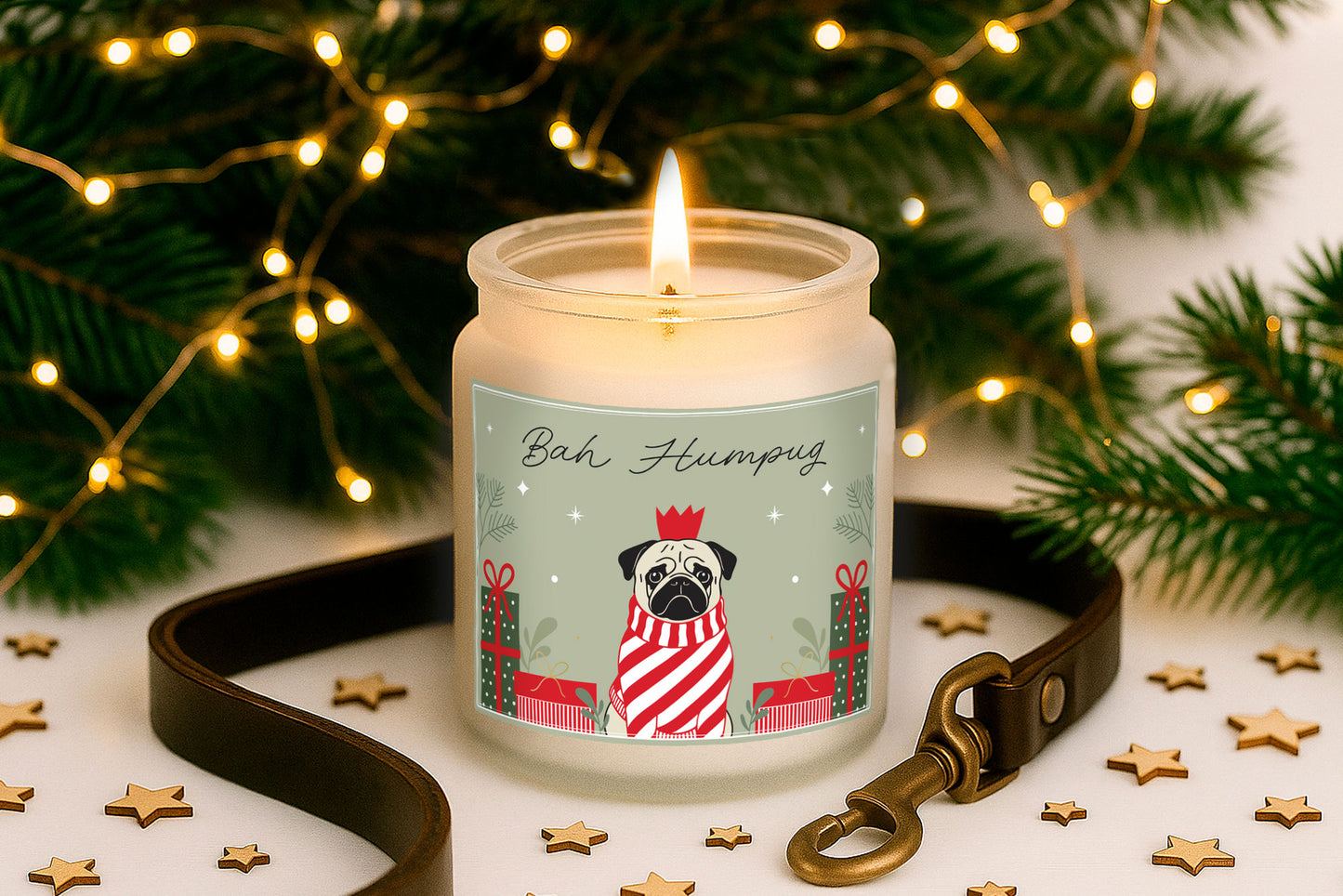 Pug Candle | Gingerbread Scented Christmas Candle | 'Bah Humpug' | Clear | Seasonal Winter Home Décor