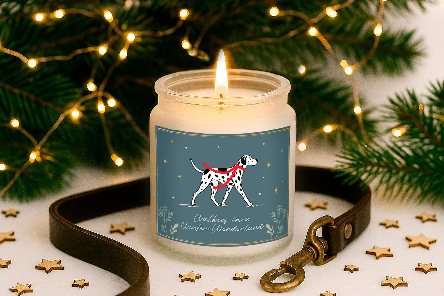 Dalmatian Dog Candle | Gingerbread Scented Christmas Candle | 'Walkies in a Winter Wonderland' | Clear | Seasonal Home Décor