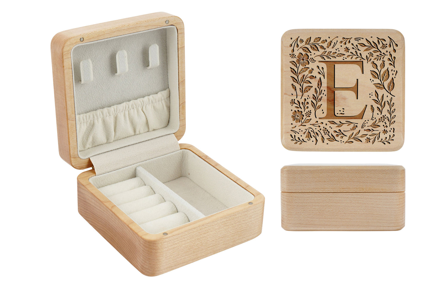 Botanical Letter 'E' Wooden Jewellery Box β’ Keepsake β’ Gift Boxed β’ Engraved