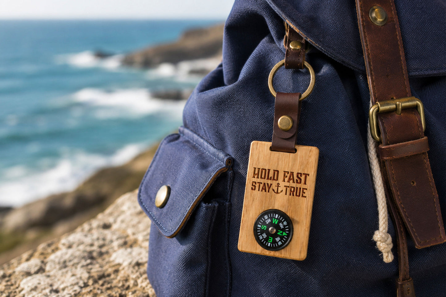 Great Plains 'Hold Fast' Oak Compass Keyring | Travel | Camping | Survival Kit | Exploring