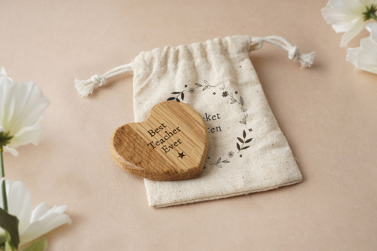 Oak Heart Pocket Token In Bag 'Best Teacher Ever' | Keepsake | Sentiment