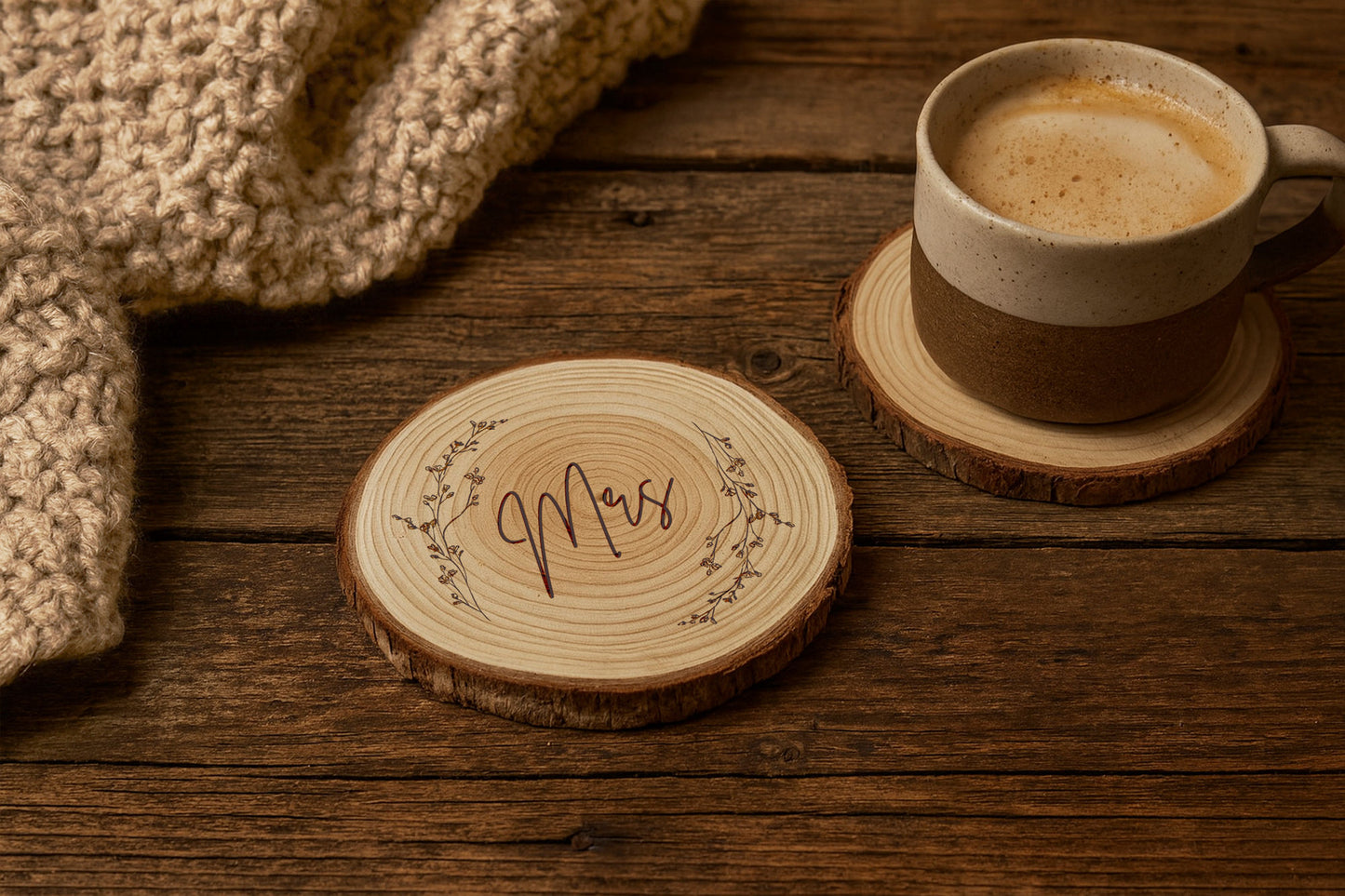Send With Love 'Mrs' Log Slice Coaster | Wooden Log | Rustic Countryside Farmhouse