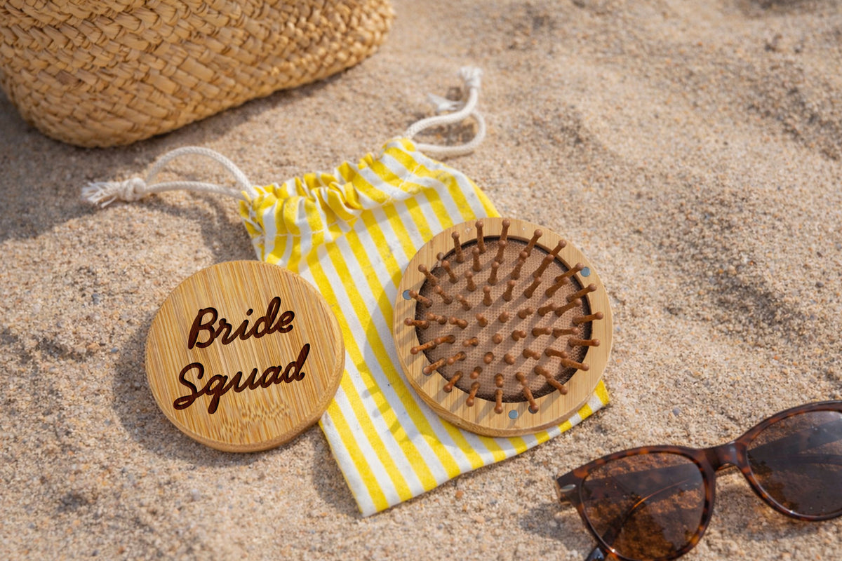 Wooden Hairbrush With Mirror 'Bride Squad' | Compact Travel Mirror Accessory