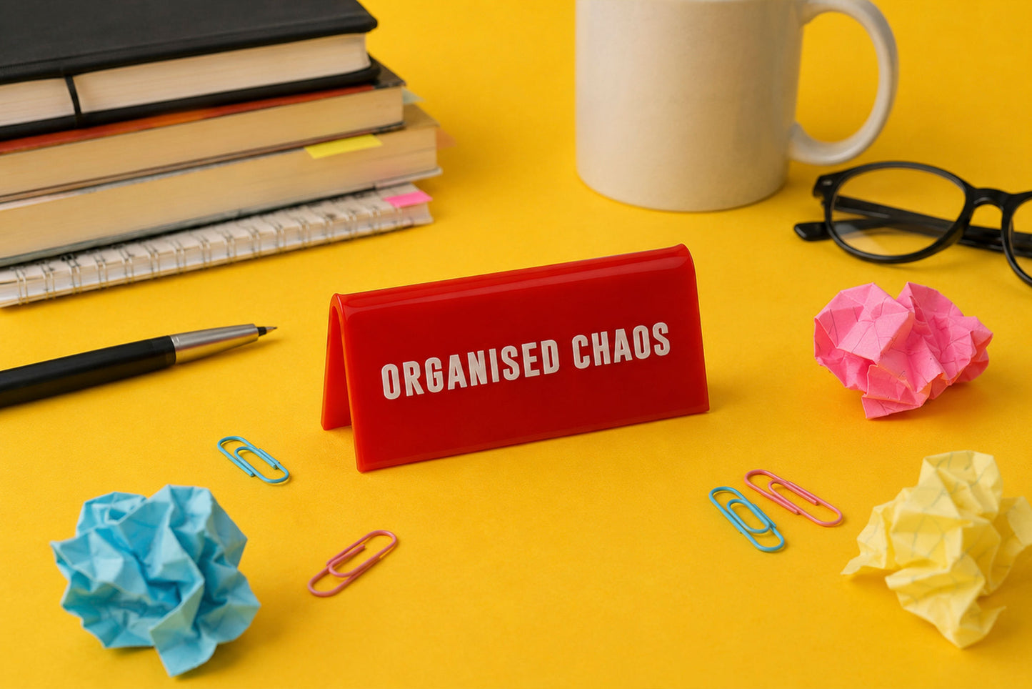 Red Acrylic Teacher Desk Sign | 'Organised Chaos'