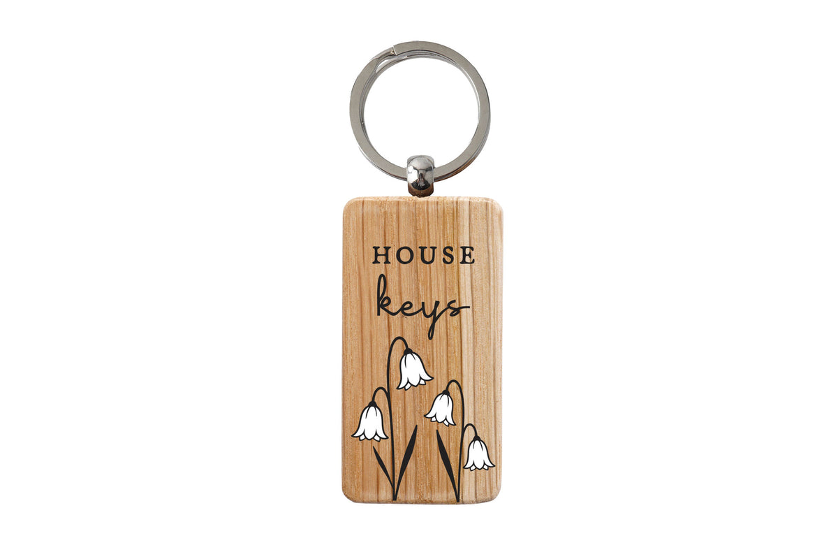Hand-Painted Oak House Keys Keyring | Snowdrop Flower Design, Countryside Charm