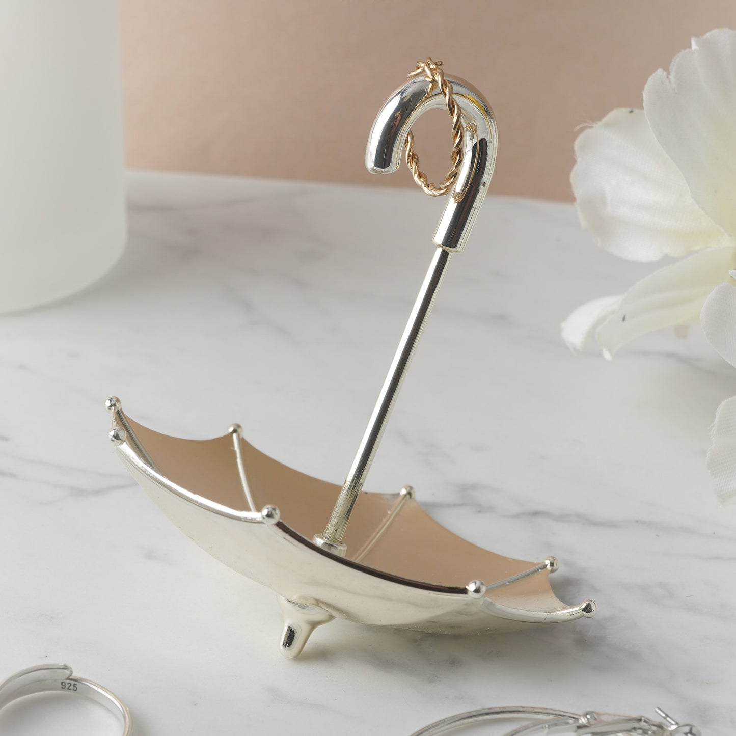 Umbrella Metal Silver Finish Ring and Jewellery Holder and Organiser Stand in Gift Box | Bedside and Bathroom or Kitchen Sink Storage