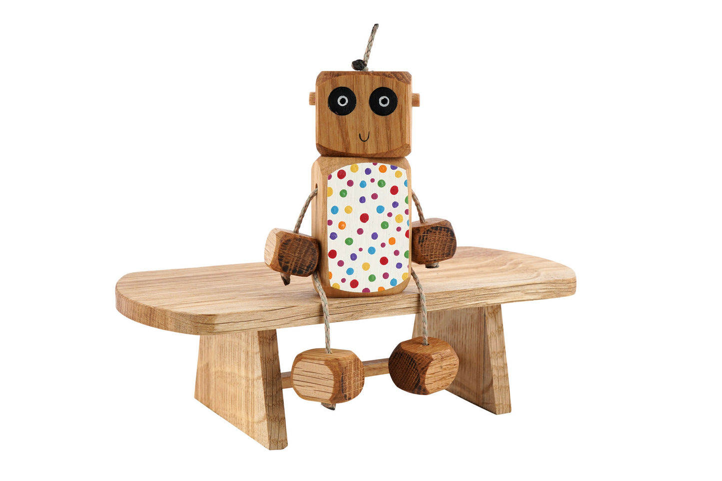 Polka Dot Ned in Oak | Handmade Wooden Robot Toy | UKCA CE Tested