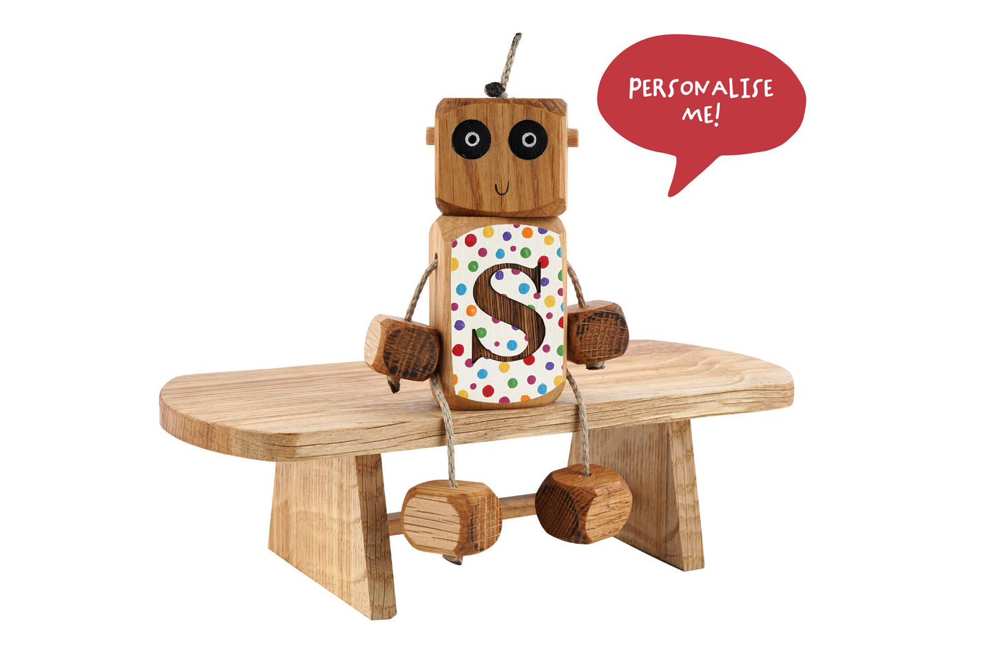 Personalised Etched Polka Dot Number Ned in Oak | Handmade Wooden Robot Toy | UKCA CE Tested