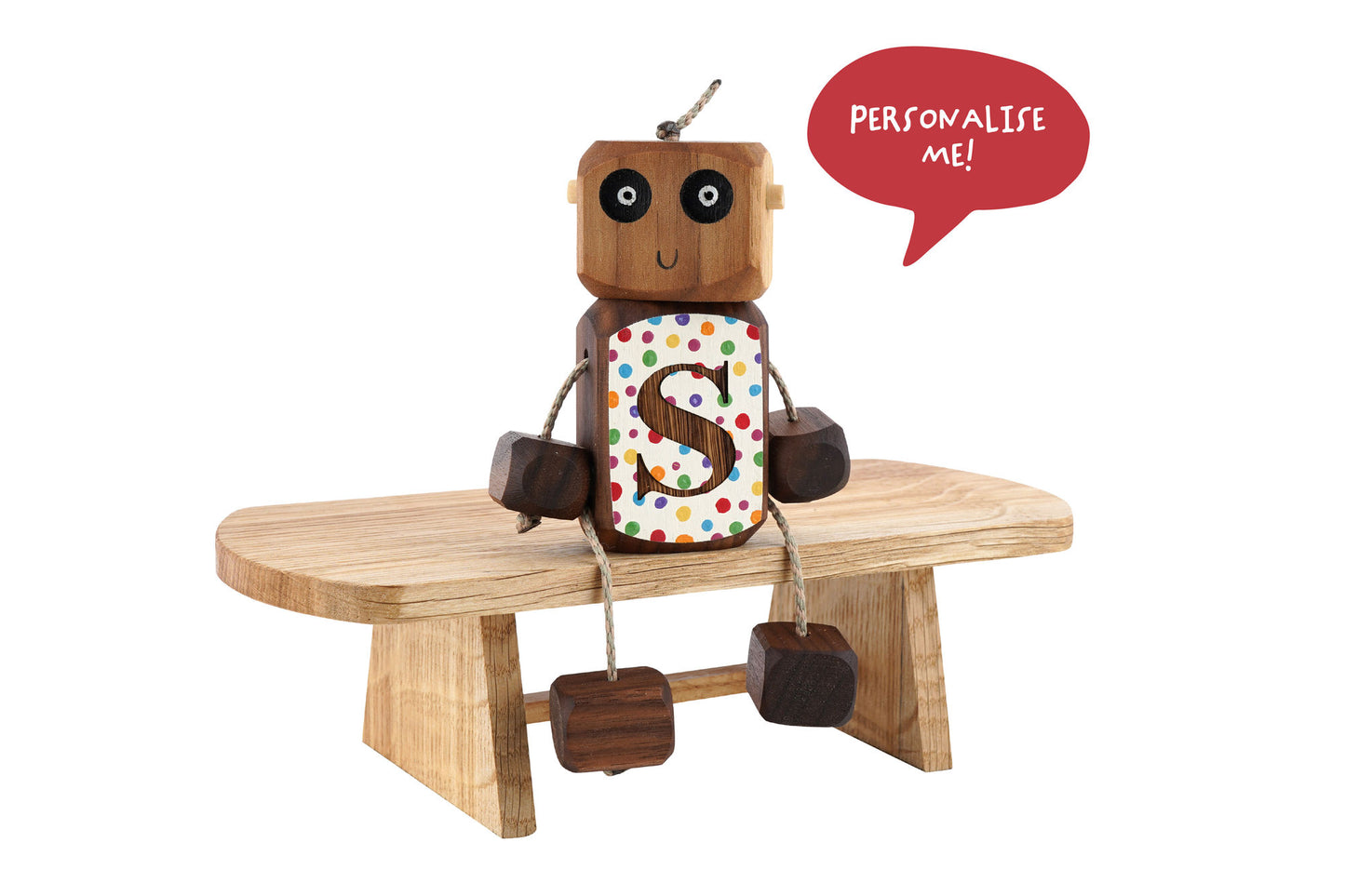 Personalised Etched Polka Dot Number Ned in Walnut | Handmade Wooden Robot Toy | UKCA CE Tested