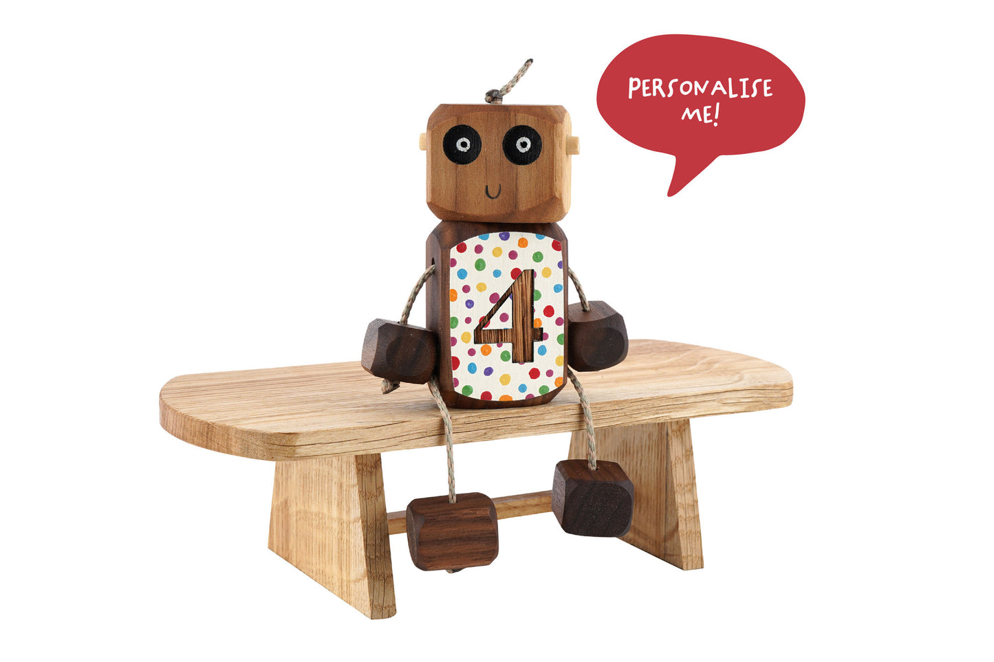 Personalised Etched Polka Dot Number Ned in Walnut | Handmade Wooden Robot Toy | UKCA CE Tested