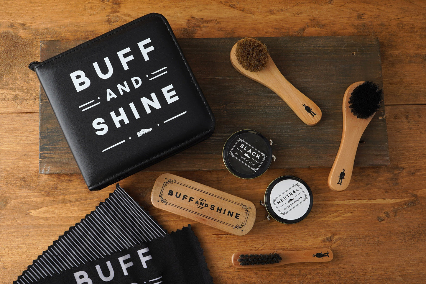 The Dapper Chap 'Buff & Shine' Shoe Cleaning Kit | Includes: 3 Assorted Brushes | Black and Neutral Shoe Polish