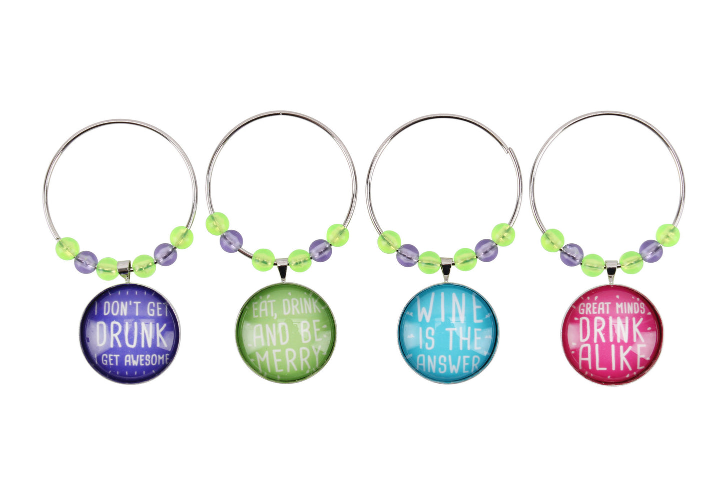 Set of 4 | Assorted Colour Wine Charms each with a Different Wine Themed Slogan! Party Glass Claimer by CGB Giftware