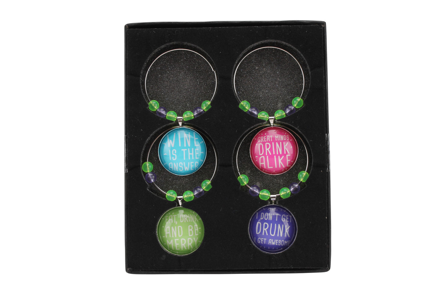 Set of 4 | Assorted Colour Wine Charms each with a Different Wine Themed Slogan! Party Glass Claimer by CGB Giftware