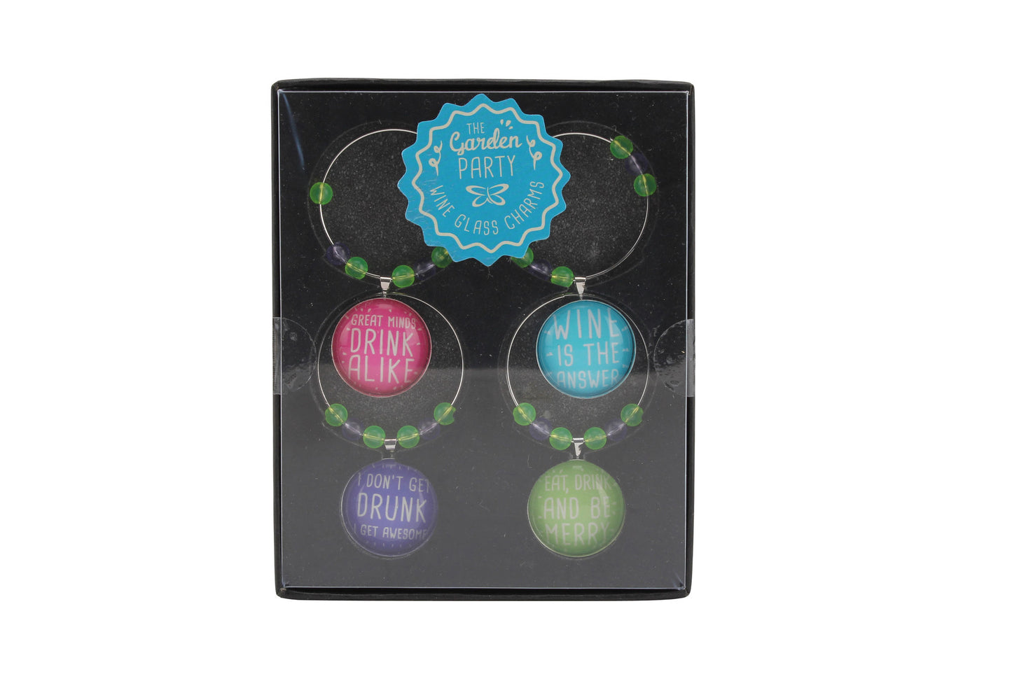 Set of 4 | Assorted Colour Wine Charms each with a Different Wine Themed Slogan! Party Glass Claimer by CGB Giftware