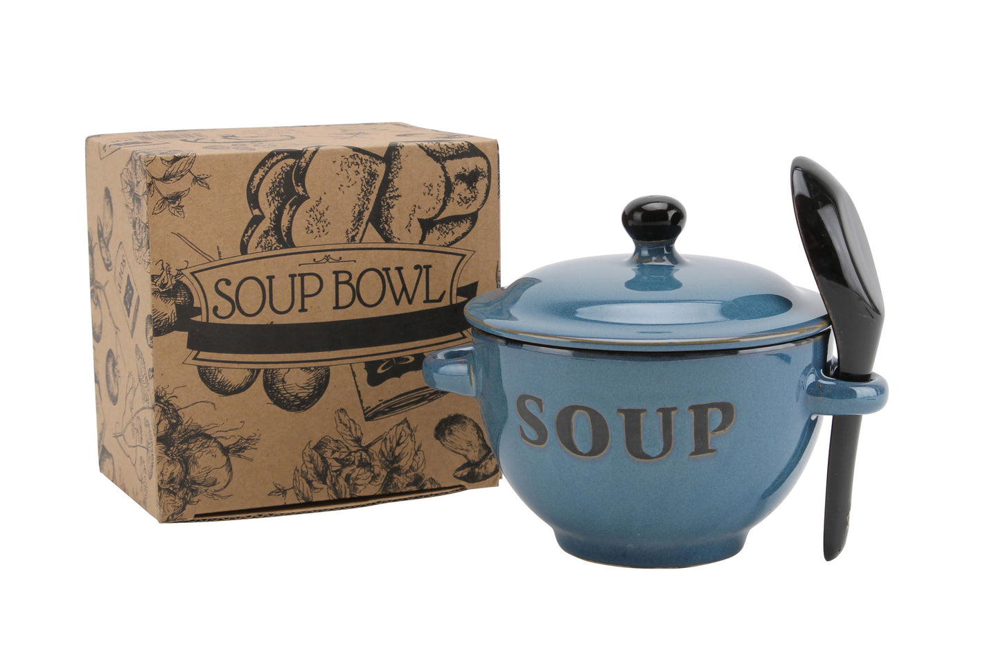 Blue Ceramic Soup Bowl With Lid and Spoon in Gift Box 400ml | Country Kitchen Chic | Rustic | Breakfast Lunch Dinner