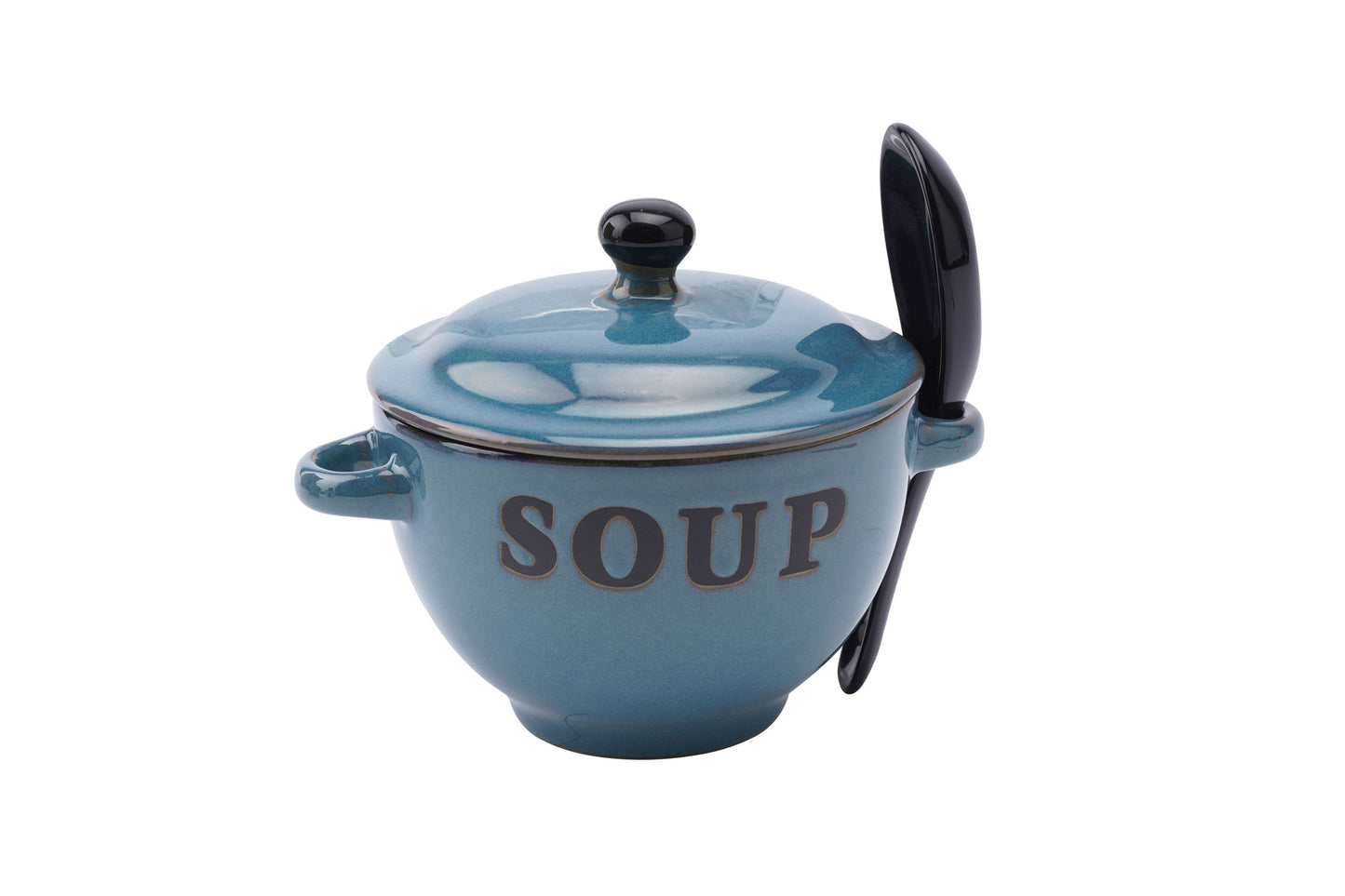 Blue Ceramic Soup Bowl With Lid and Spoon in Gift Box 400ml | Country Kitchen Chic | Rustic | Breakfast Lunch Dinner