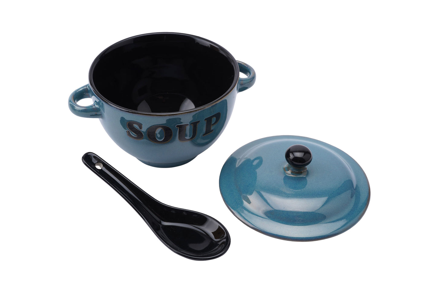 Blue Ceramic Soup Bowl With Lid and Spoon in Gift Box 400ml | Country Kitchen Chic | Rustic | Breakfast Lunch Dinner