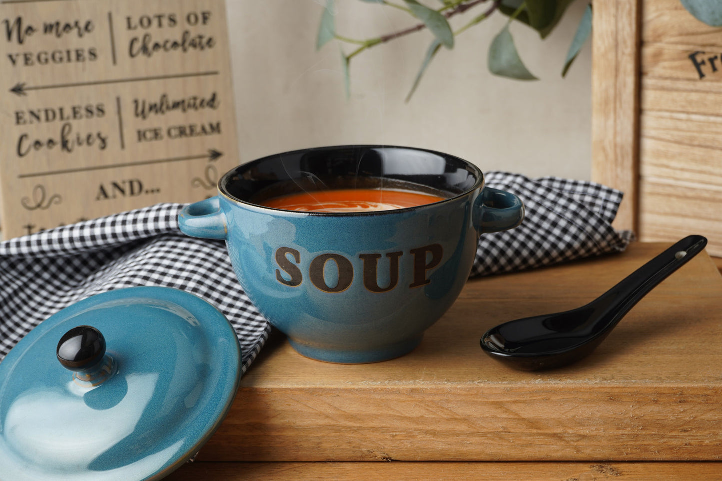 Blue Ceramic Soup Bowl With Lid and Spoon in Gift Box 400ml | Country Kitchen Chic | Rustic | Breakfast Lunch Dinner
