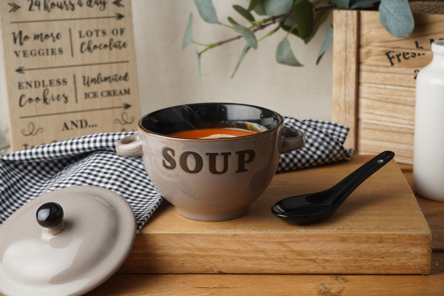 Grey Ceramic Soup Bowl With Lid and Spoon in Gift Box 400ml | Country Kitchen Chic | Rustic | Breakfast Lunch Dinner