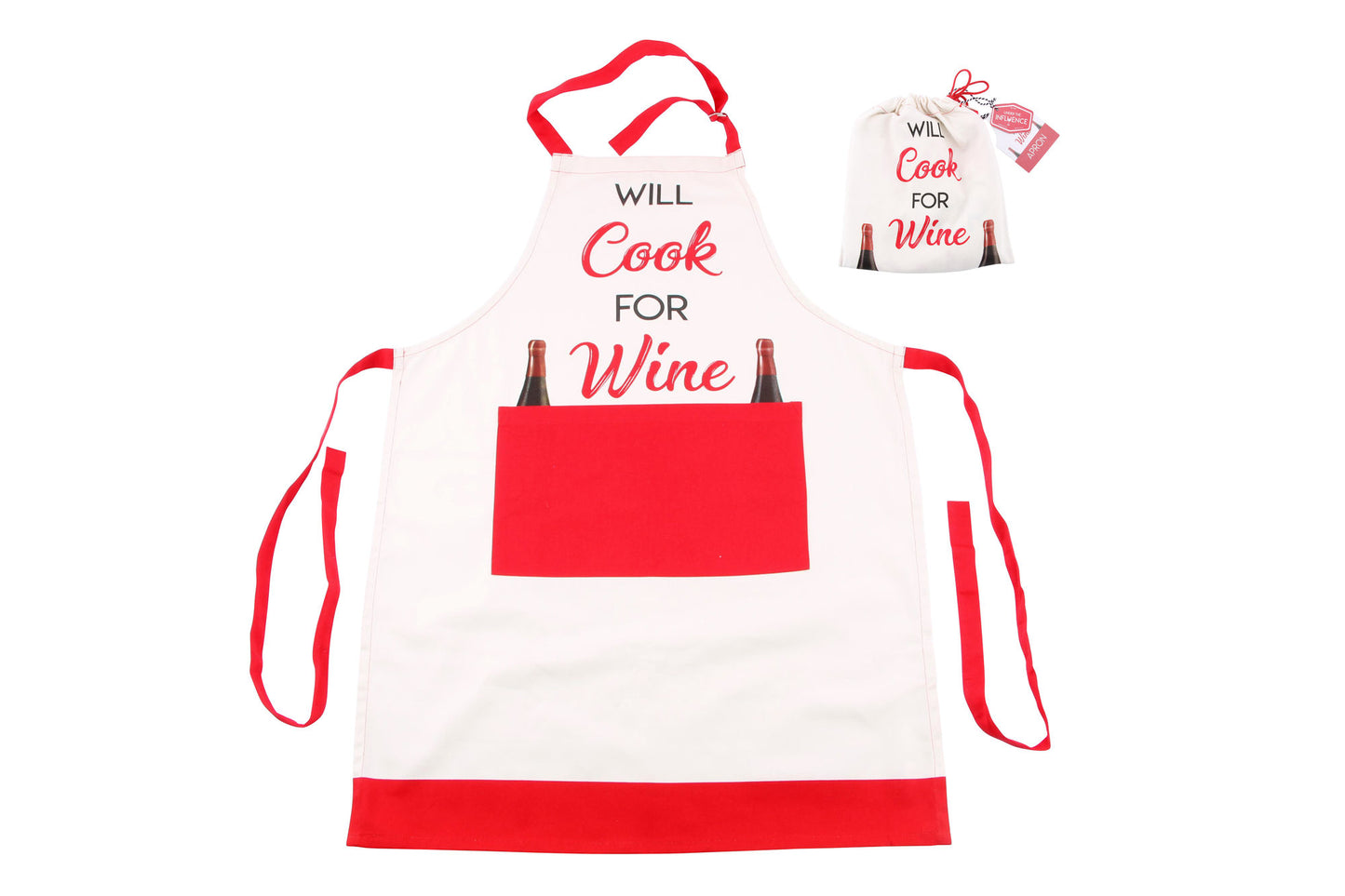 White & Red 'Will Cook For Wine' Apron