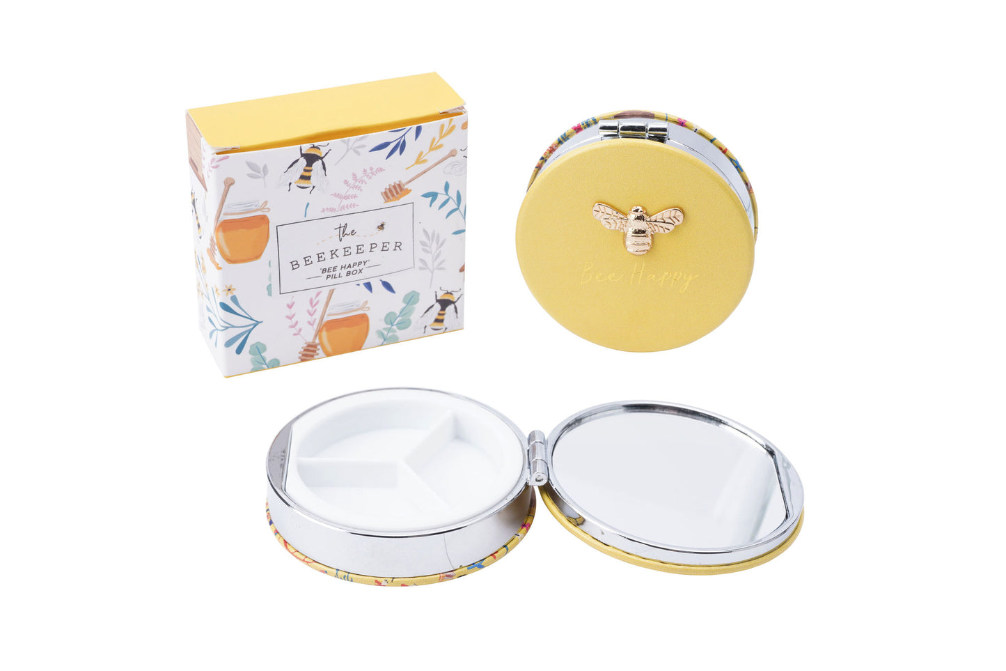 3 Part Organiser and Mirror in Yellow with 'Bee Happy ' Bee Design Comes Gift Box