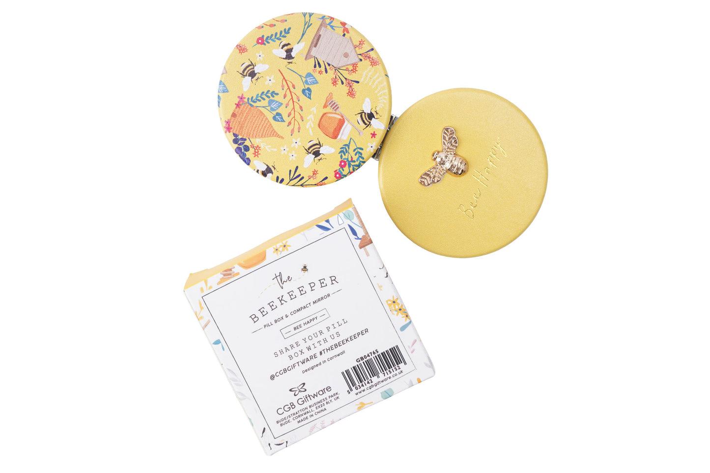 3 Part Organiser and Mirror in Yellow with 'Bee Happy ' Bee Design Comes Gift Box