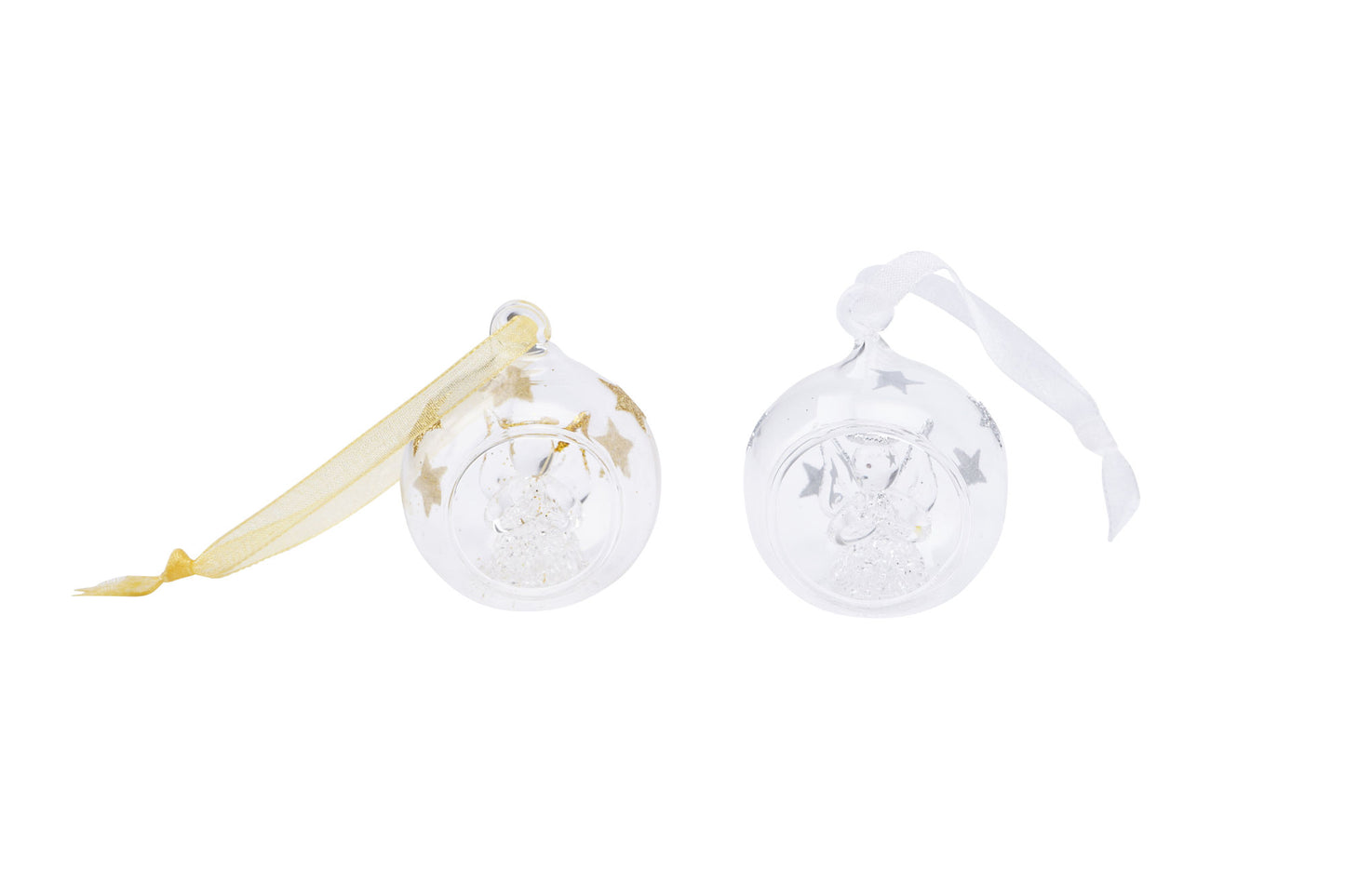 Gold And Silver Set of 6 Glass Open Baubles with Angel Inside