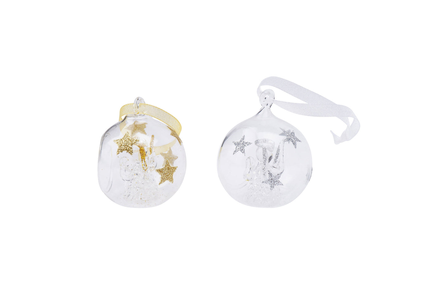 Gold And Silver Set of 6 Glass Open Baubles with Angel Inside