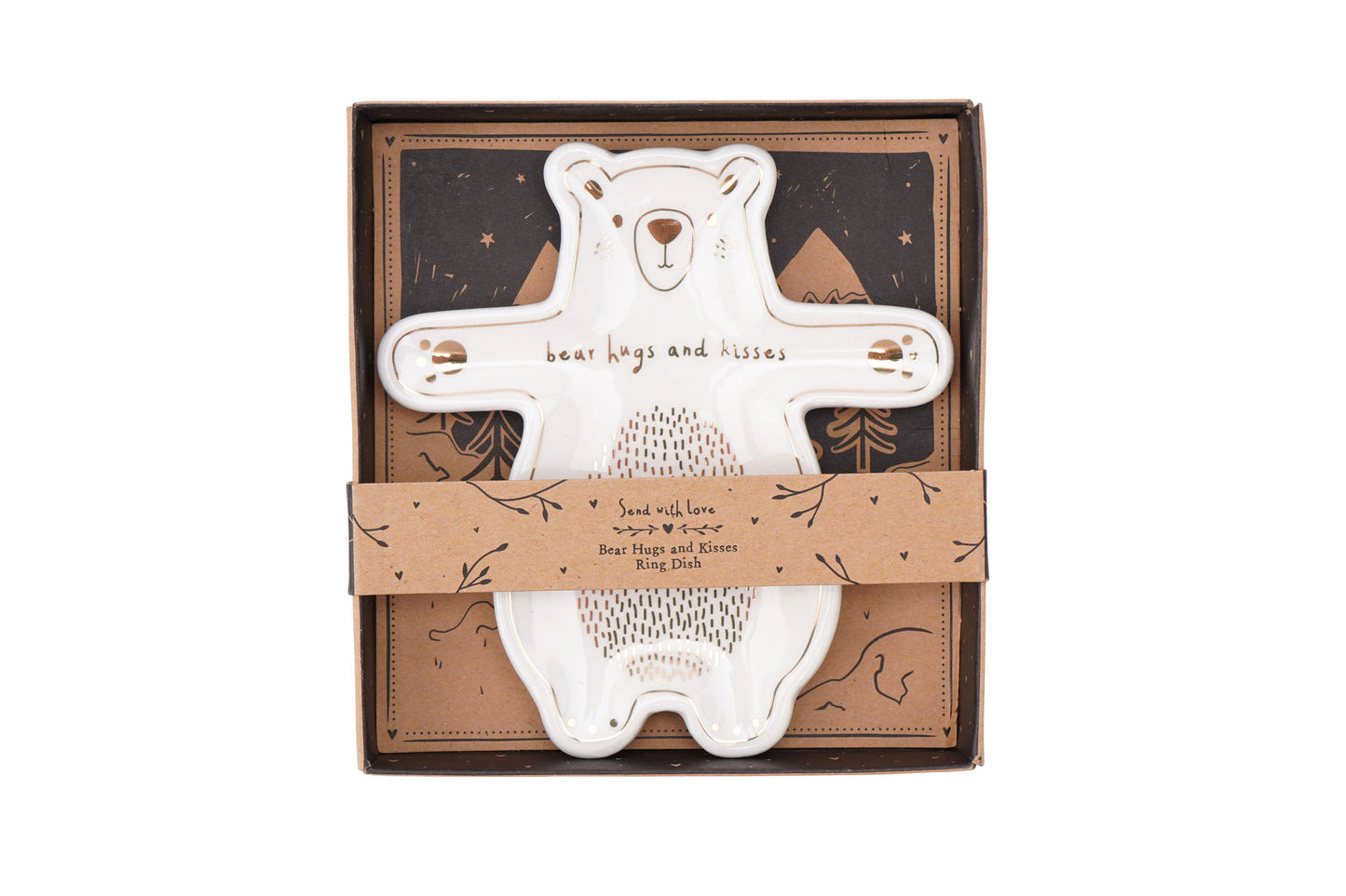 Ceramic 'Bear hugs and kisses' Bear shaped Ring Dish, Jewellery Organiser in Gift Box