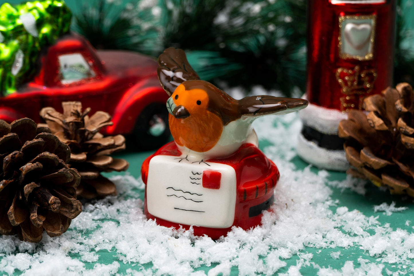 Ceramic Robin and Traditional Letterbox Charm with Gift Box • Brown Orange Red • Lucky Ornament Collectable Decoration • Gift For Christmas
