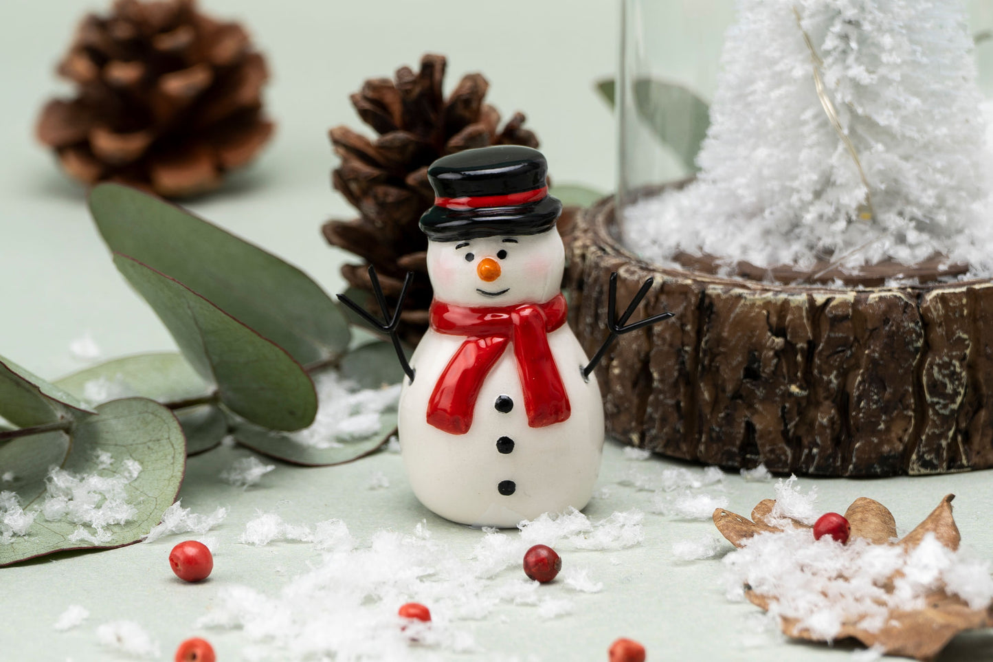 Ceramic Snowman Charm with Gift Box • White Red Black • Lucky Ornament Collectable Decoration • Gift For Christmas