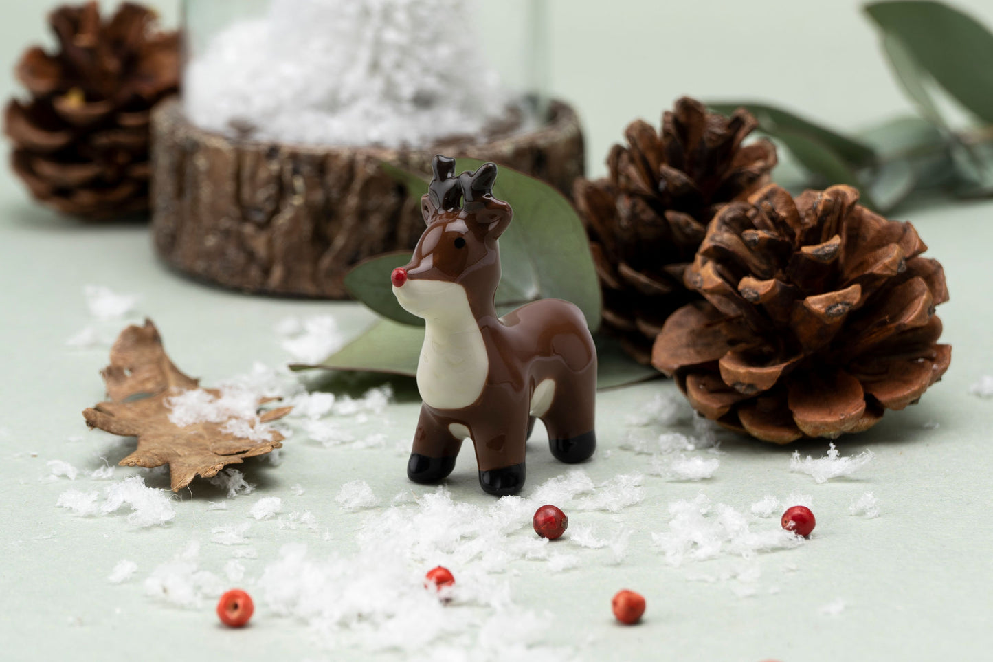 Ceramic Red Nose Reindeer Charm with Gift Box • Brown • Lucky Ornament Collectable Decoration • Gift For Christmas