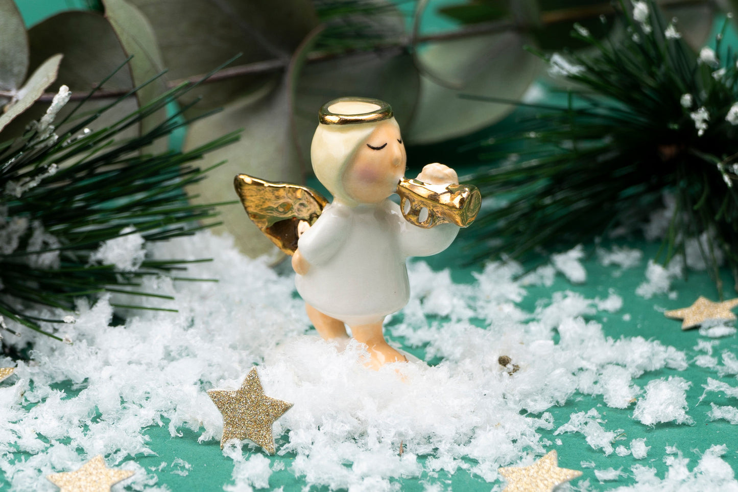 Ceramic Angel Charm Playing Trumpet with Gift Box • White Gold • Lucky Ornament Collectable Decoration • Gift For Christmas