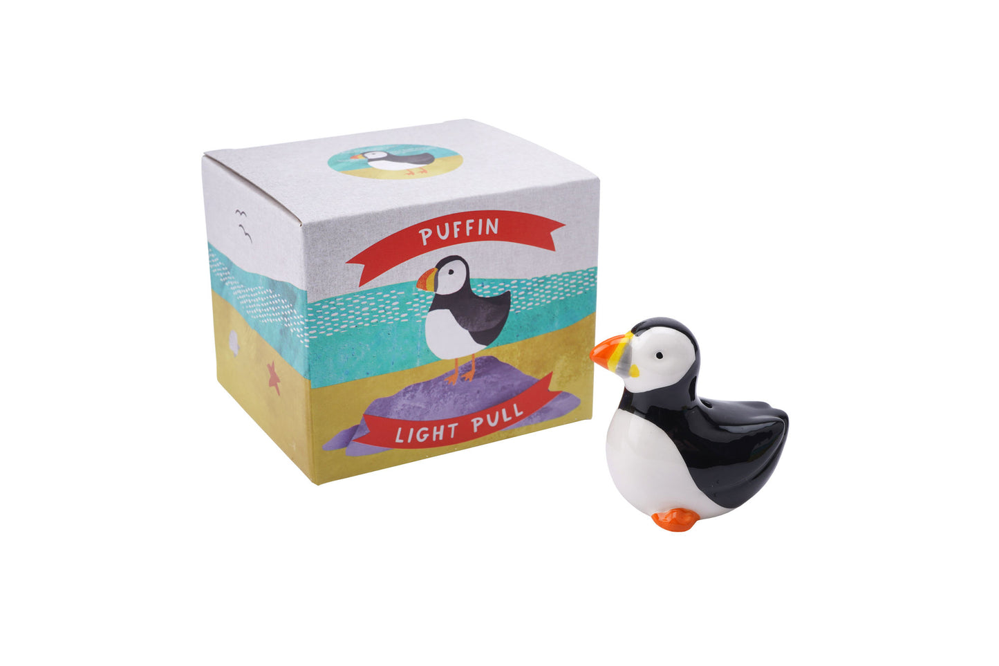 Puffin Ceramic Light Pull Handle | In Gift Box | Decorative Bathroom Cord Pull | Unique Nautical Theme Lighting Accessory | Home Improvments