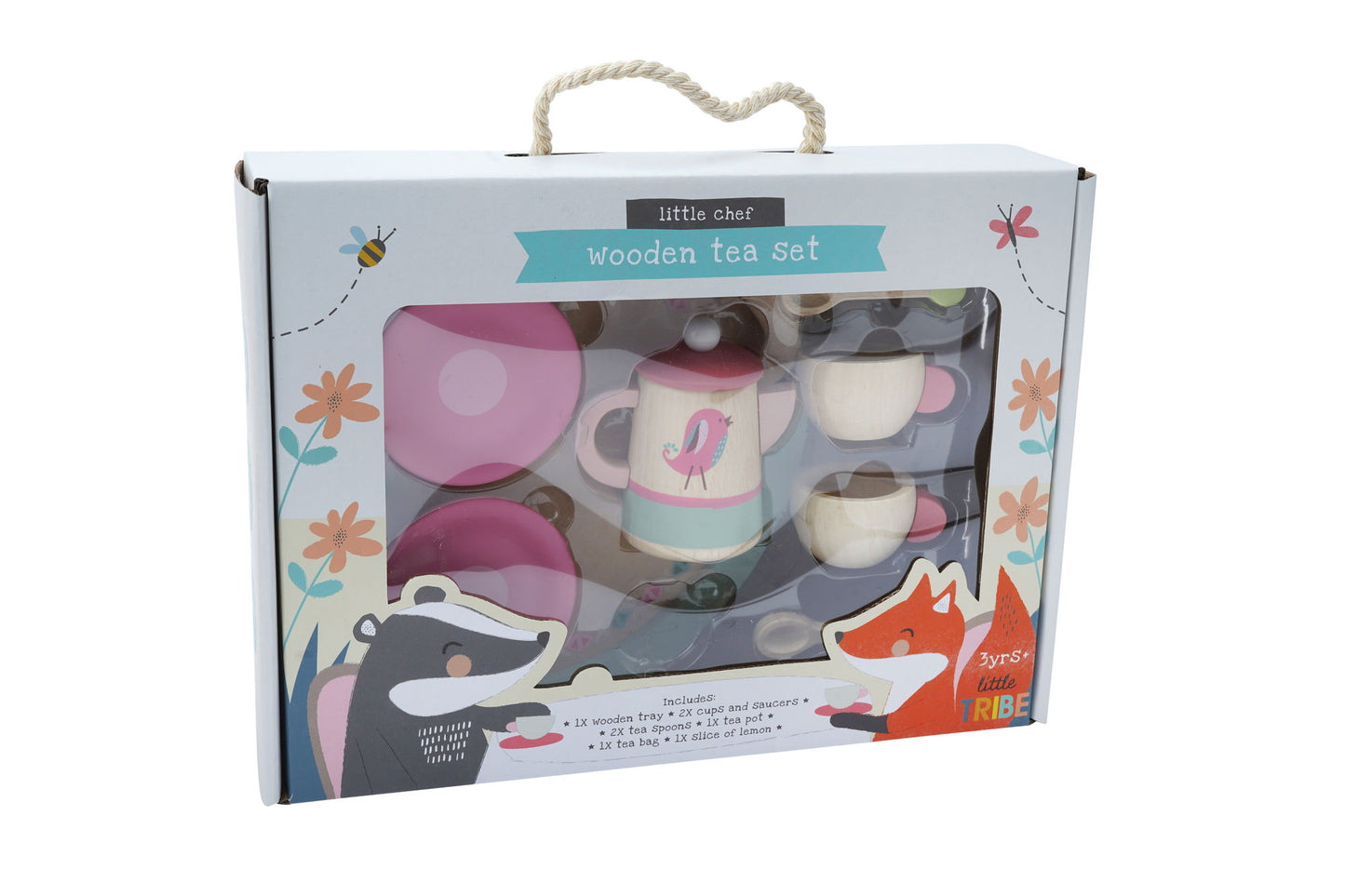 Little Tribe 10pc Pink Wooden Tea Set | Pretend Play Role Play Toy for Children | Age 3Years + | In Gift Box