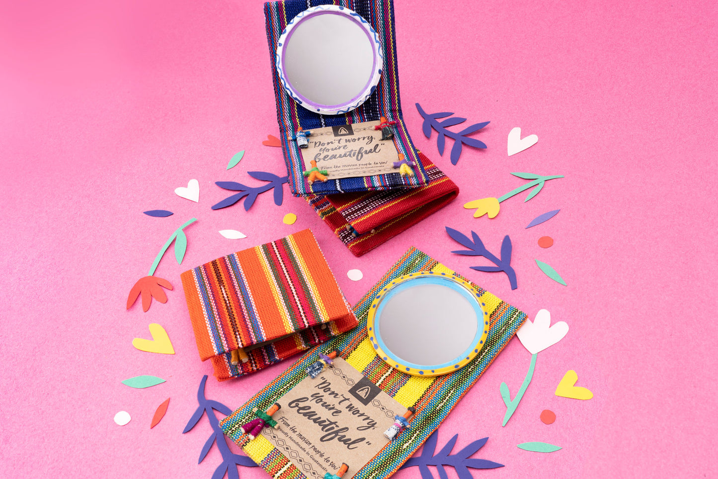 Folding Fabric Worry Doll Compact Mirror with Motivational Slogan | 4 Colours - 1 Picked At Random | Gift For Her