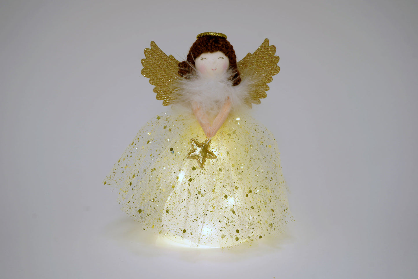 Gold Brunette Light Up Angel Decoration Tree Topper | Battery Powered | Size: 18cm | Christmas | Gift For Home