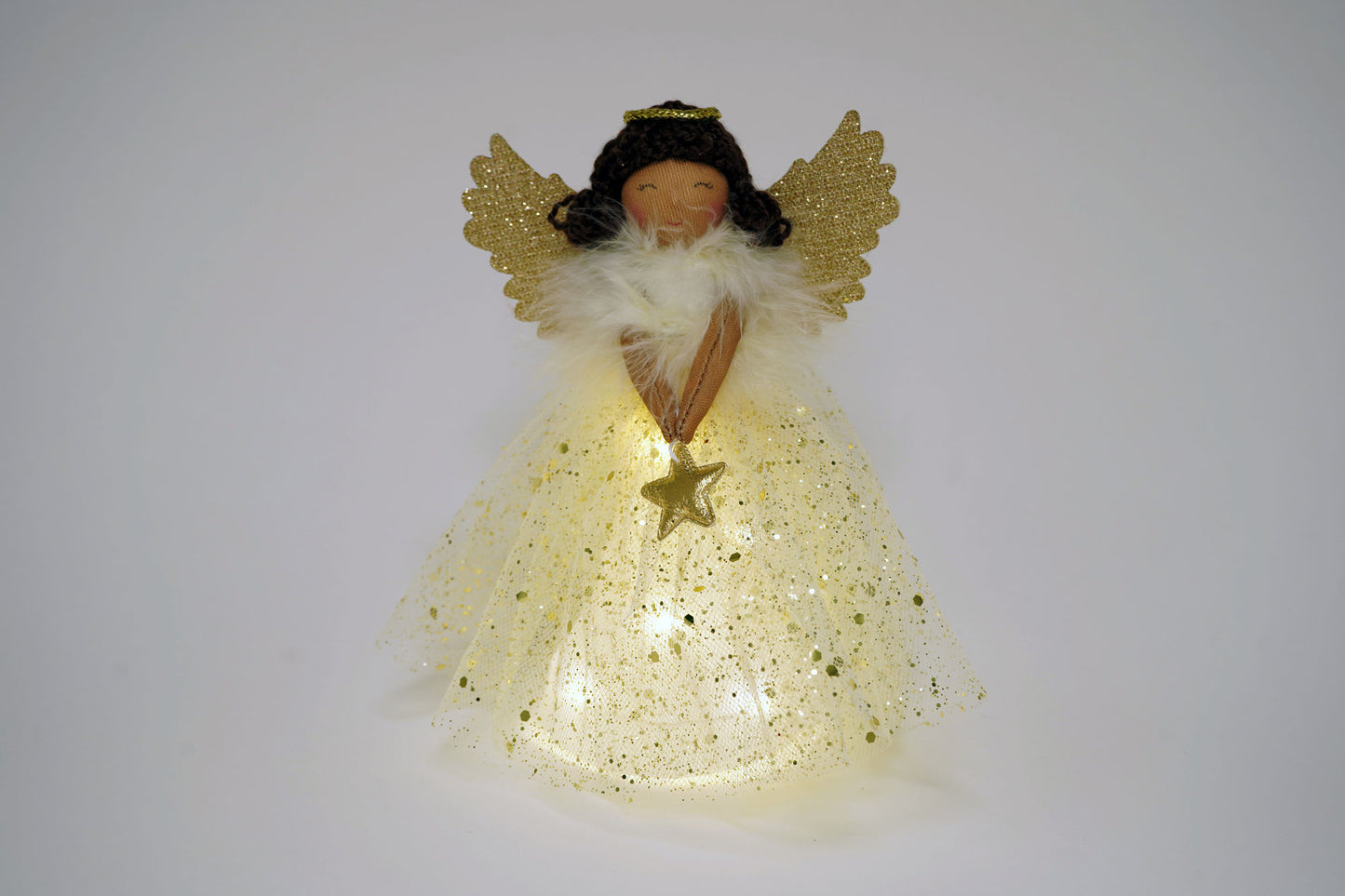 Gold Dark Haired Angel Light Up Tree Topper