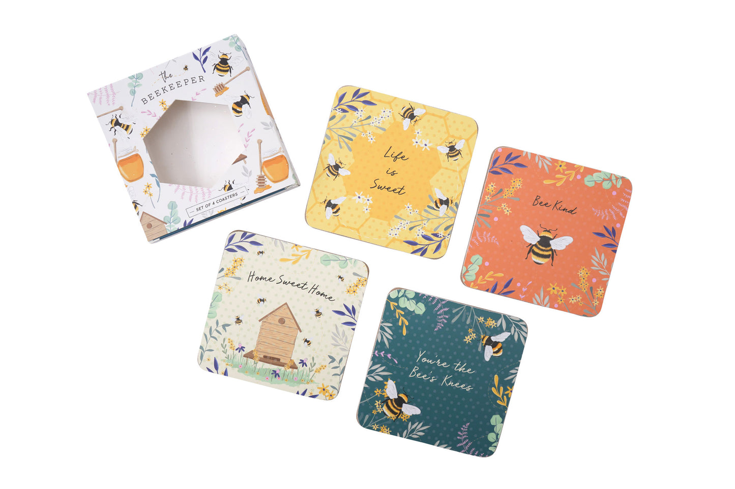 Set of 4 Bee Cork Coasters | Multi-coloured | Gift Boxed | Table Top | Tea Coffee Wine | Gift For Home