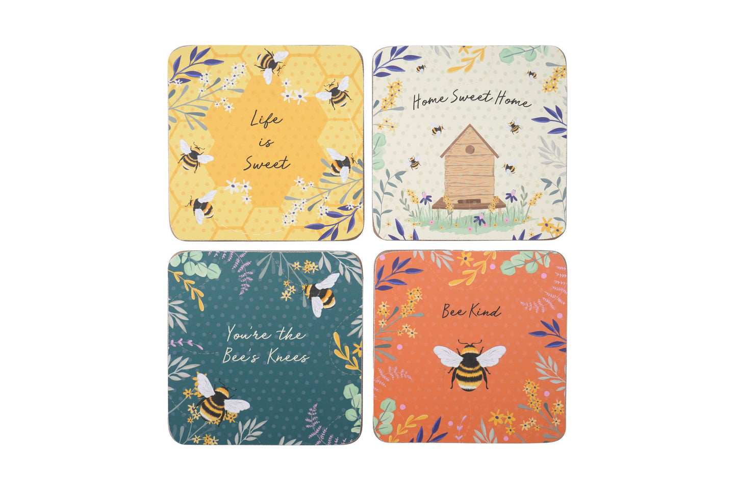 Set of 4 Bee Cork Coasters | Multi-coloured | Gift Boxed | Table Top | Tea Coffee Wine | Gift For Home