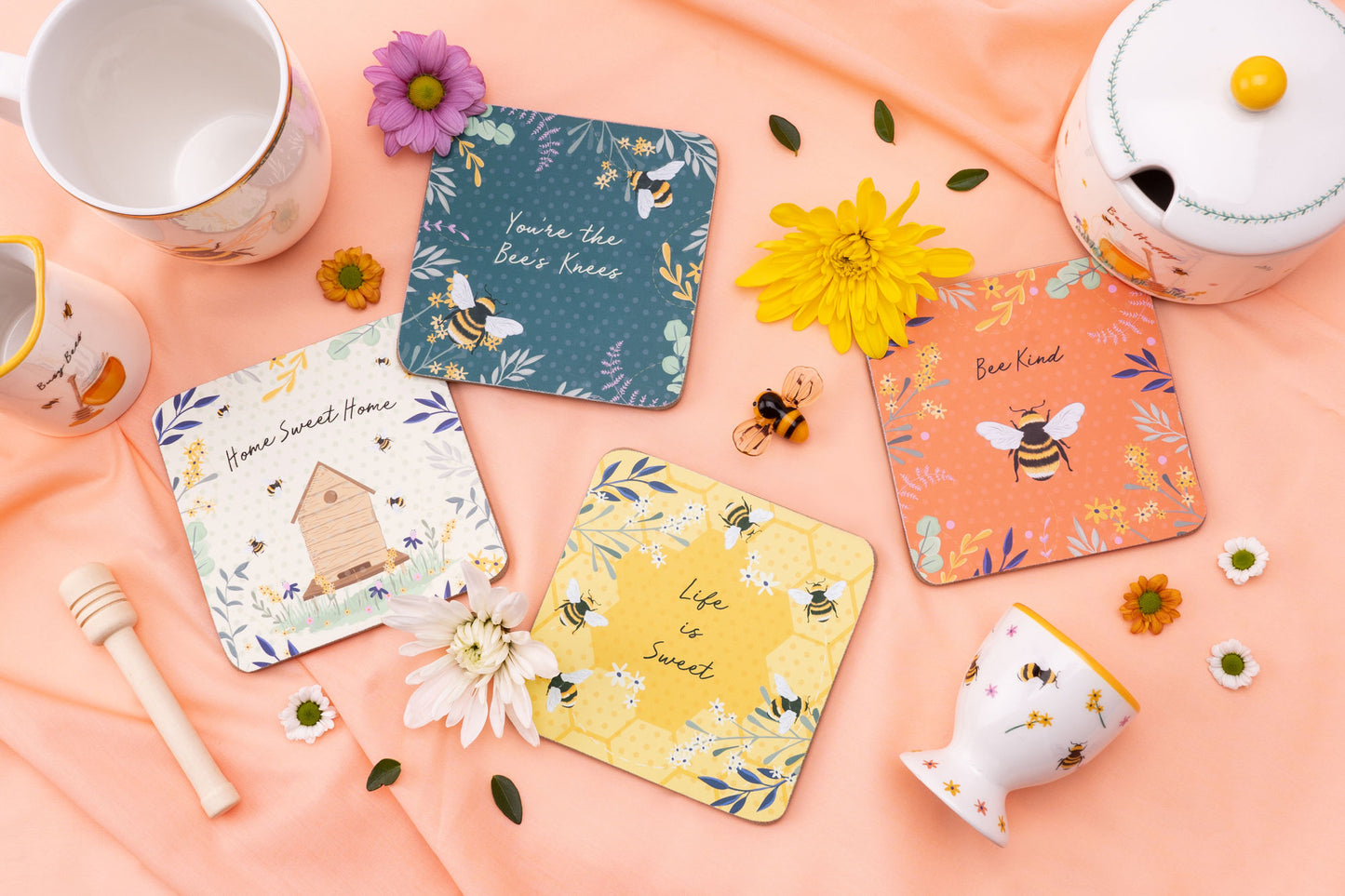 Set of 4 Bee Cork Coasters | Multi-coloured | Gift Boxed | Table Top | Tea Coffee Wine | Gift For Home