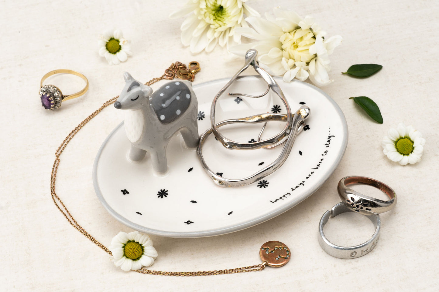 Deer Ring Holder Trinket Dish | Jewellery Organiser Stand | 'Happy days are here to stay' | Gift For Her and Home
