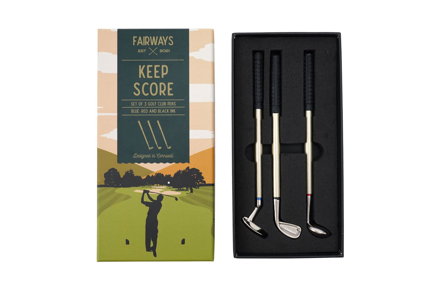 Fairway Set of 3 Golf Club Pens • Gift Box • Blue, Black & Red Ink • Hole-In-One • Stationary • Modern Gent • Gift For Him