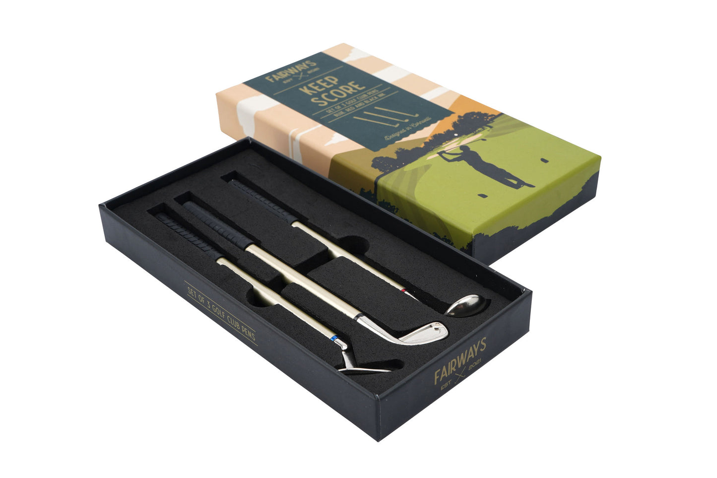Fairway Set of 3 Golf Club Pens • Gift Box • Blue, Black & Red Ink • Hole-In-One • Stationary • Modern Gent • Gift For Him