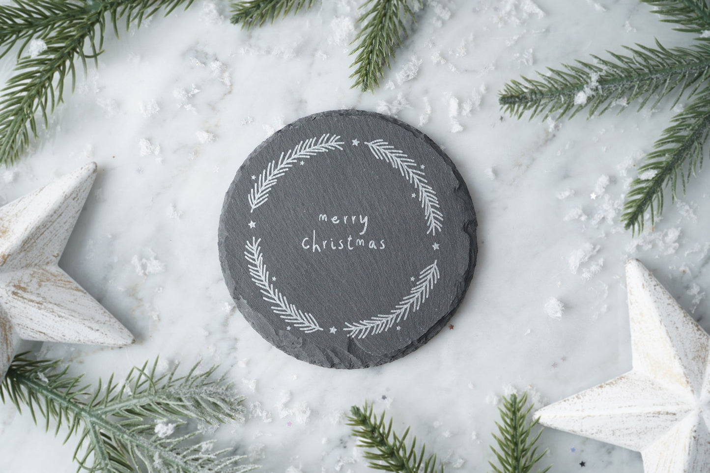 Set of 4 | Round Slate Christmas Coaster - 'Merry Christmas'