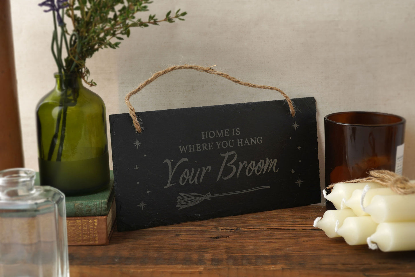 Enchanted Emporium 'Home Is Where You Hang Your Broom' - Illustrated Slate Sign