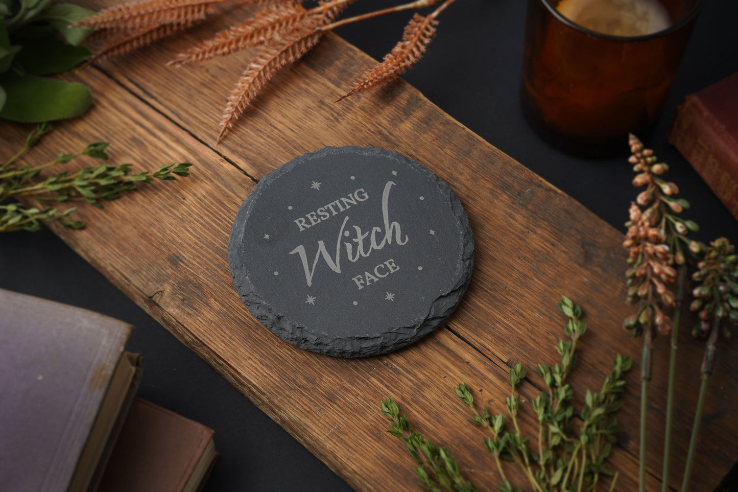 Set of 4 | Enchanted Emporium 'Resting Witch Face' Round Slate Coaster