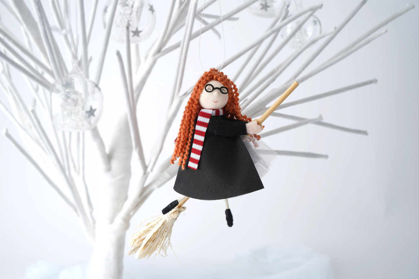 Young Witch Girl Flying on Broomstick Hanging Decoration | Magical Holiday Accent for Christmas and Beyond | 14cm